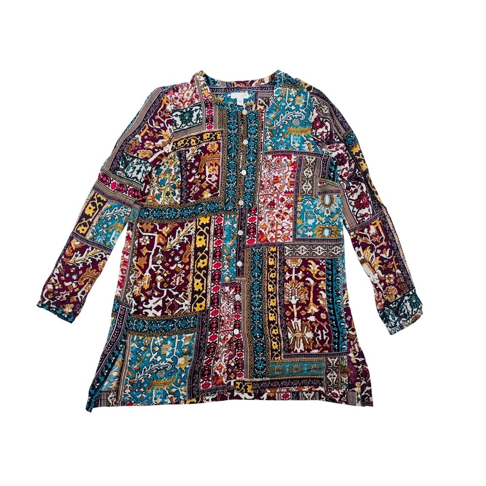 J. Jill Women's XS Patchwork Paisley Tunic Blouse Long Sleeve 100% Rayon BOHO - Picture 2 of 11